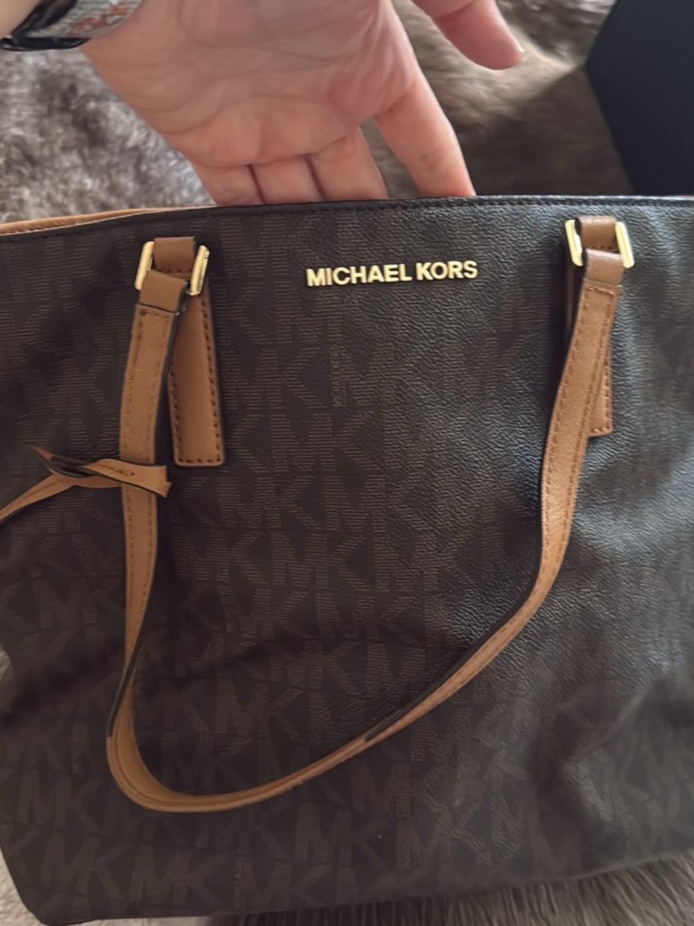 Michael Kors Dark Brown MK Monogram Tote with Tan Straps